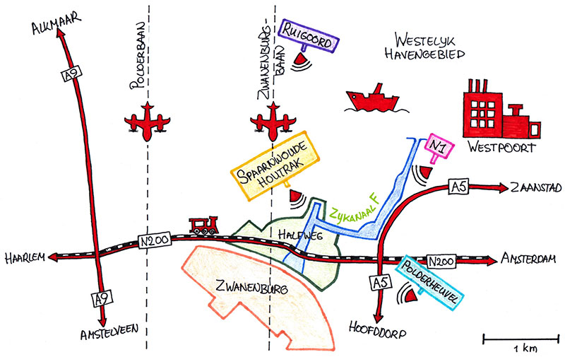 kaart van Zijkanaal F met de bronnen van de aanwezige geluidsoverlast